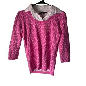 Notations Pink‎ Wh Argyle Knit Collared Sweater Top Small Preppy Coquette Career